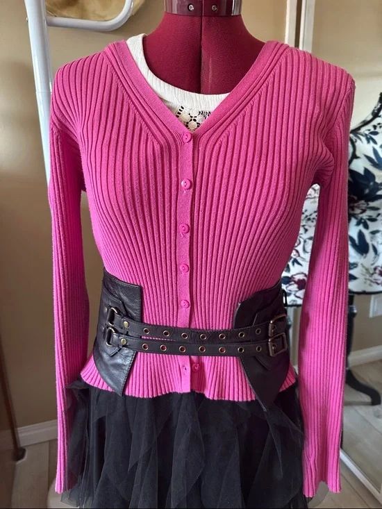 Pink Ribbed V-Neck Button Front Sweater - Picture 3 of 6